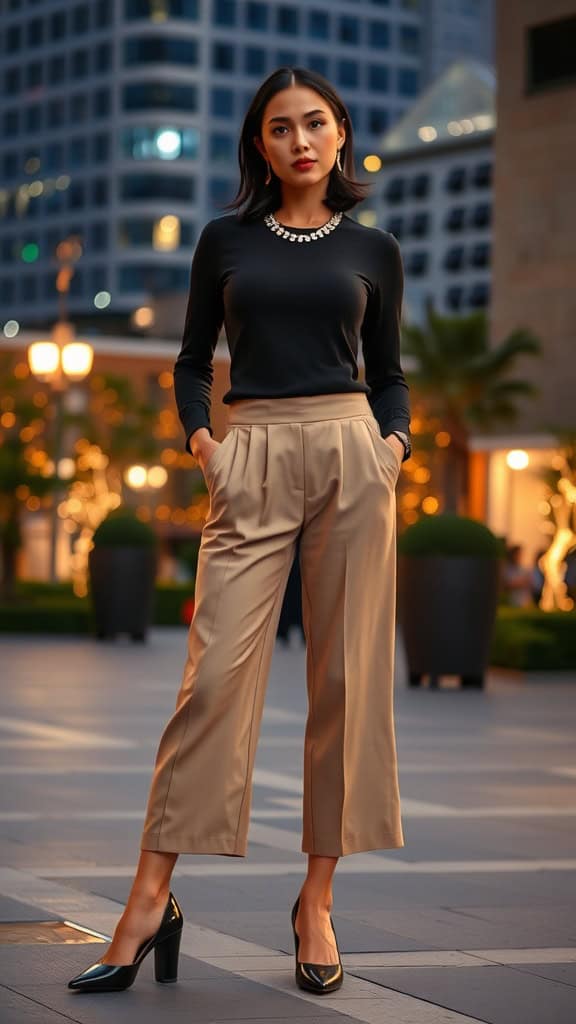 A woman wearing tailored culottes with a fitted top and sleek pumps, standing in an urban setting.