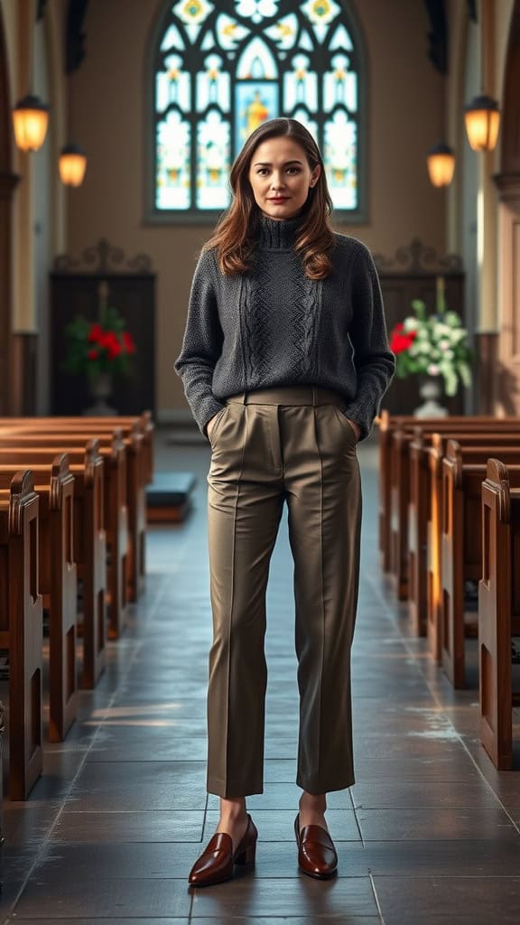 A woman wearing high-waisted trousers, a knitted sweater, and loafers standing in a church.