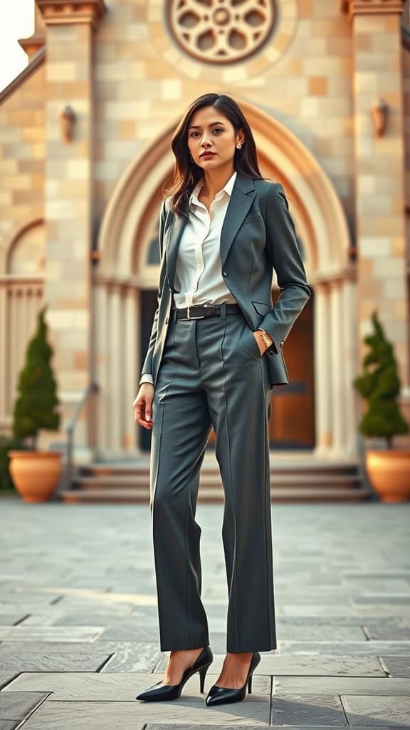 A woman in tailored wide-leg trousers and a white blouse stands in front of a church.