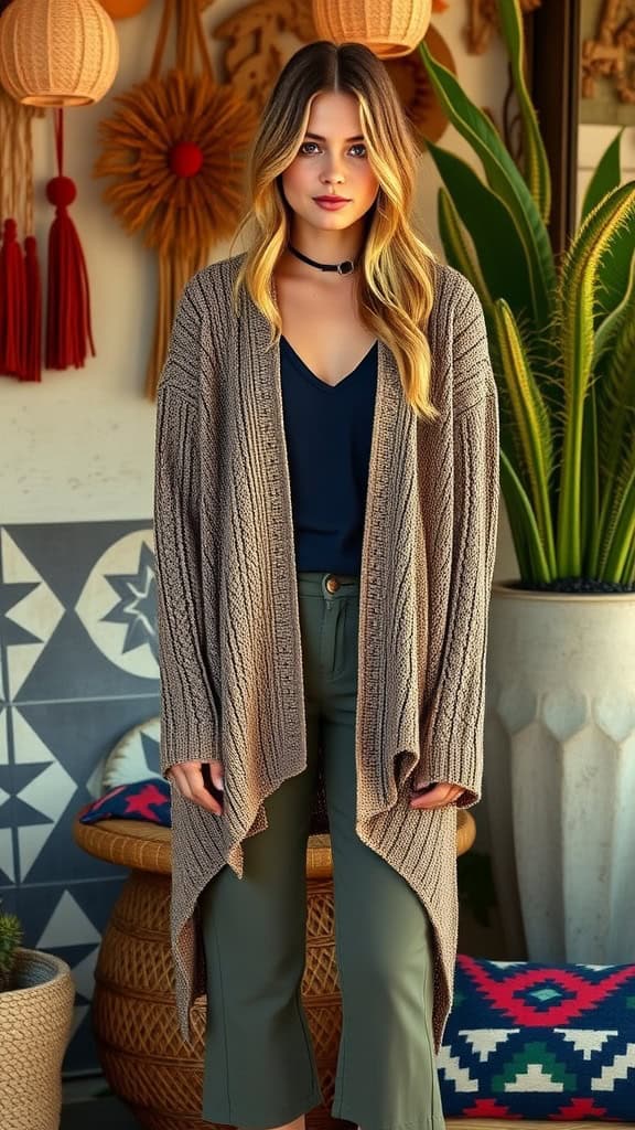 A woman wearing a textured open-front cardigan and cropped trousers in a floral setting.