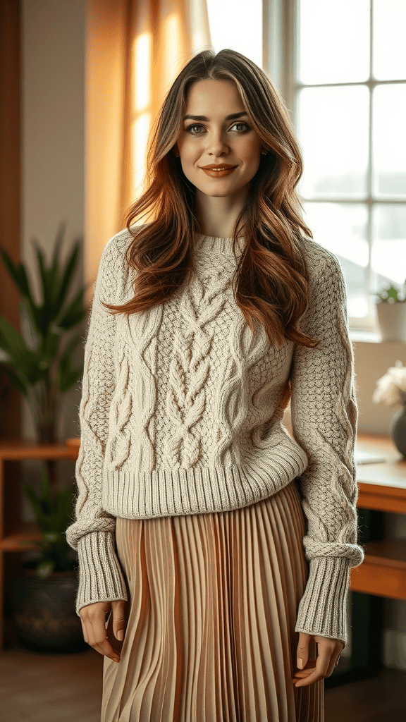 A woman in a cozy textured sweater and a pleated skirt, showcasing a modest church outfit.