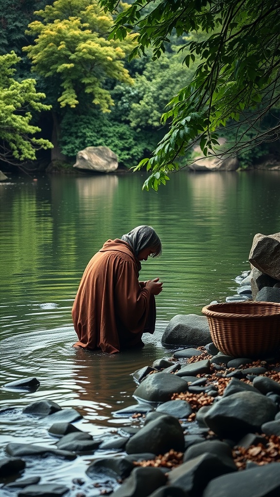 A person kneeling in a river, surrounded by greenery, reflecting on a moment of humility and faith.