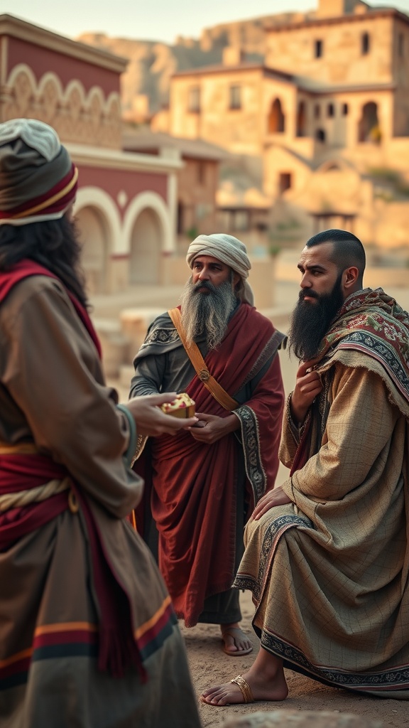 A scene depicting Naaman and Elisha in an ancient setting, illustrating a moment of gratitude and integrity.