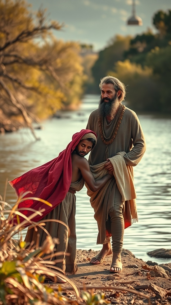 Elisha guiding Naaman by the river, illustrating the moment of healing.