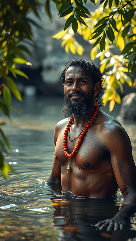 A man standing in water with a calm expression, surrounded by greenery, symbolizing transformation and renewal.