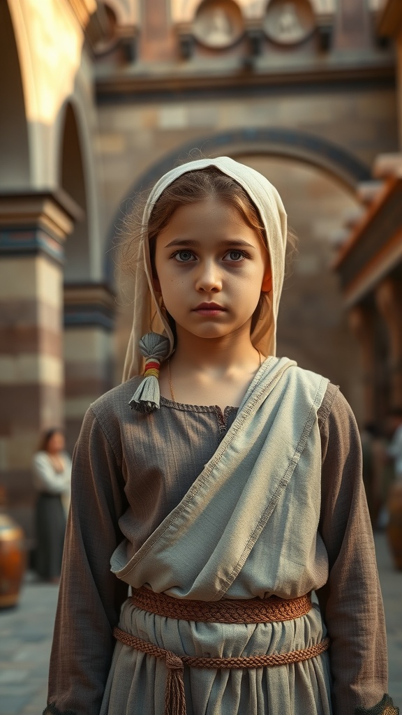 A young girl in simple clothing, reflecting strength and determination, symbolizing the captive servant girl in the story of Naaman.