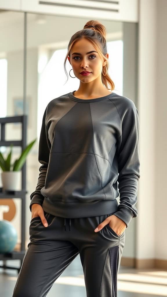 A modern tie-front sweatshirt paired with slim joggers, showcasing a modest and stylish gym outfit for women.