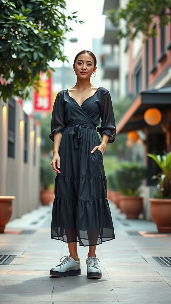 A woman wearing a tiered maxi dress with platform sneakers, standing in a stylish urban setting.