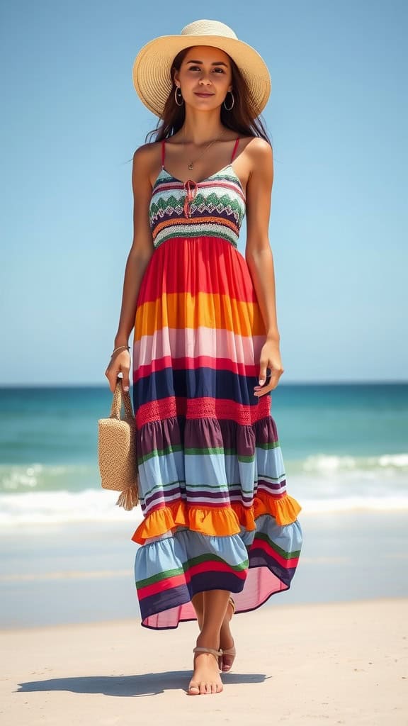 A woman in a tiered maxi dress standing on a beach, wearing a wide-brimmed hat and holding a book, with colorful dresses hanging in the background.