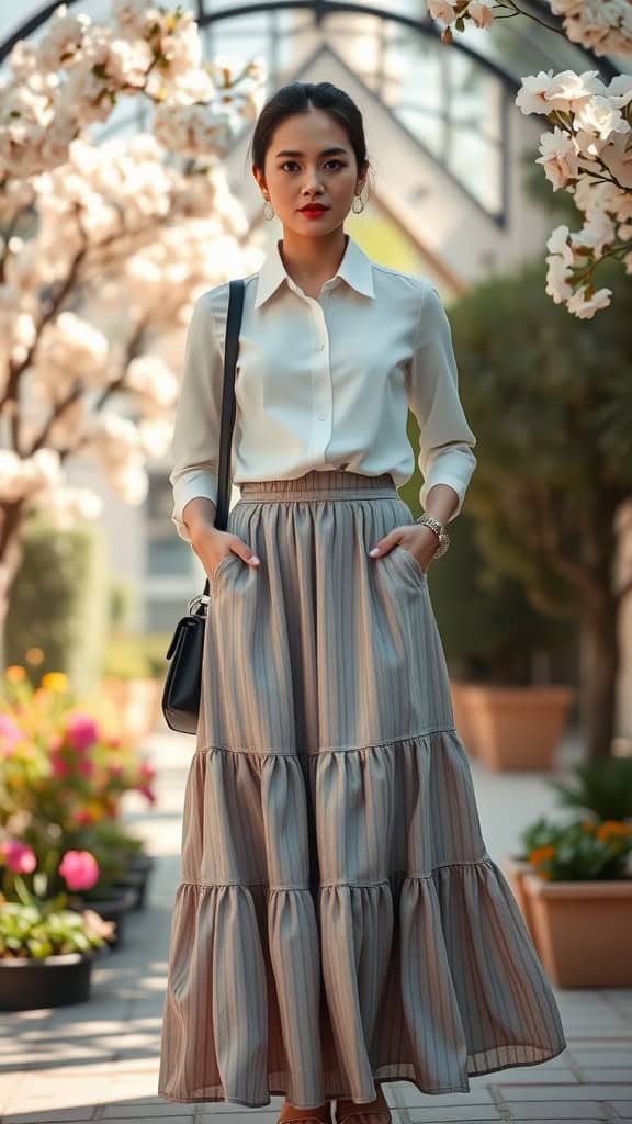 A woman wearing a tiered maxi skirt with a button-up shirt, surrounded by spring flowers.