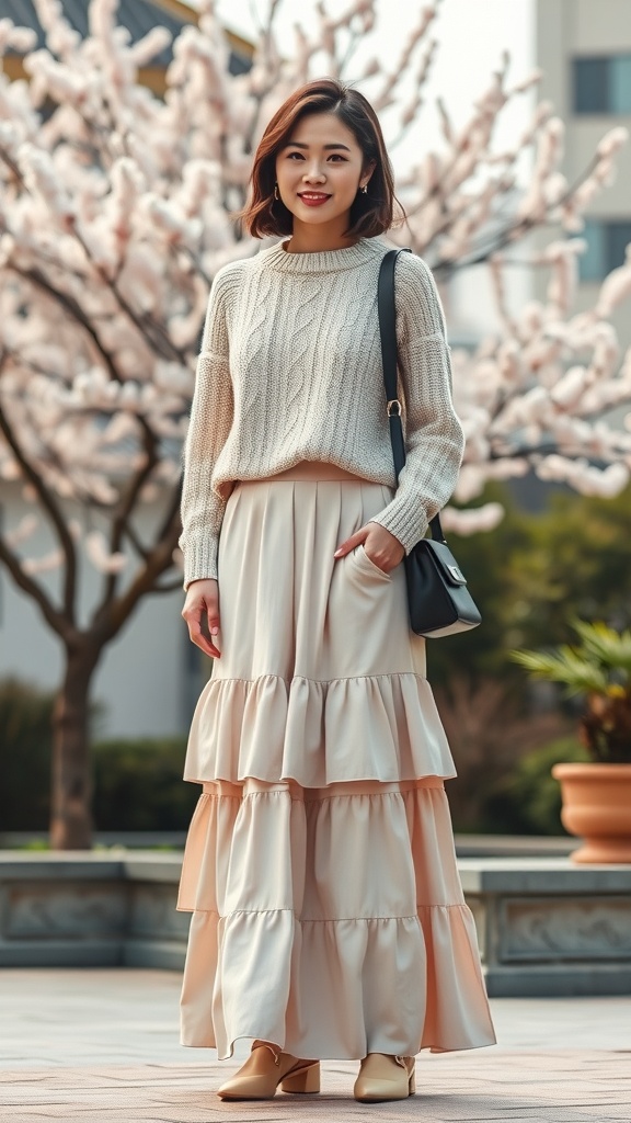 A woman wearing a tiered maxi skirt and a cable knit sweater, standing in front of pink flowering trees.