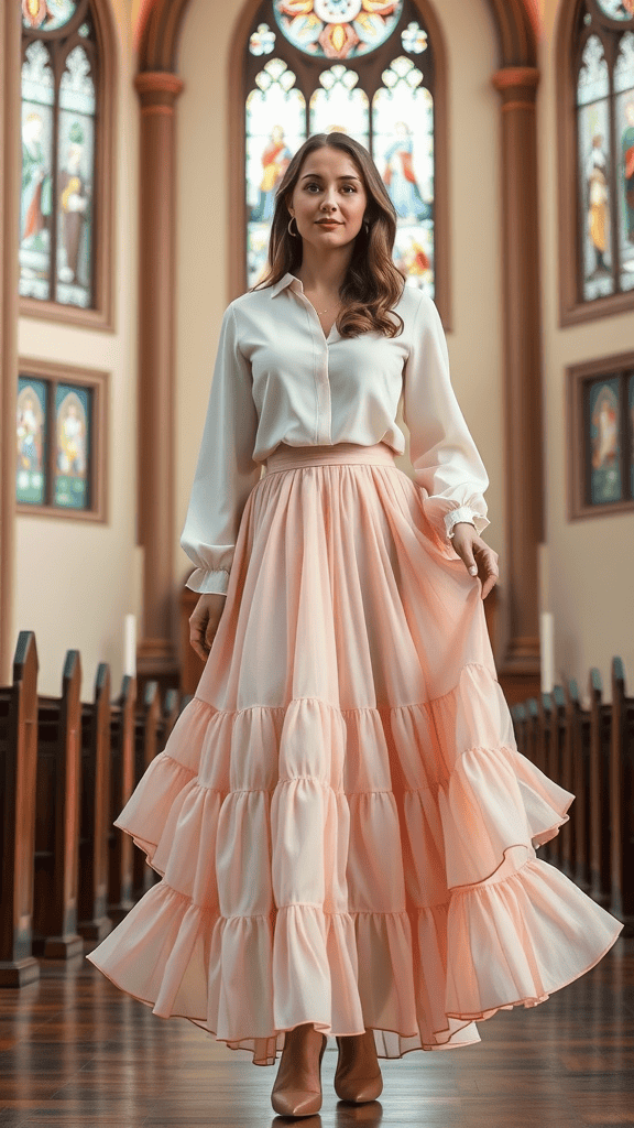 A woman wearing a flowy tiered midi skirt and a long-sleeve blouse in a church setting.