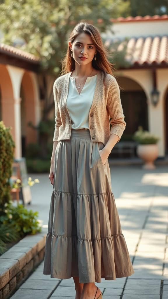 A woman wearing a tiered midi skirt and a cropped cardigan in a scenic outdoor setting.