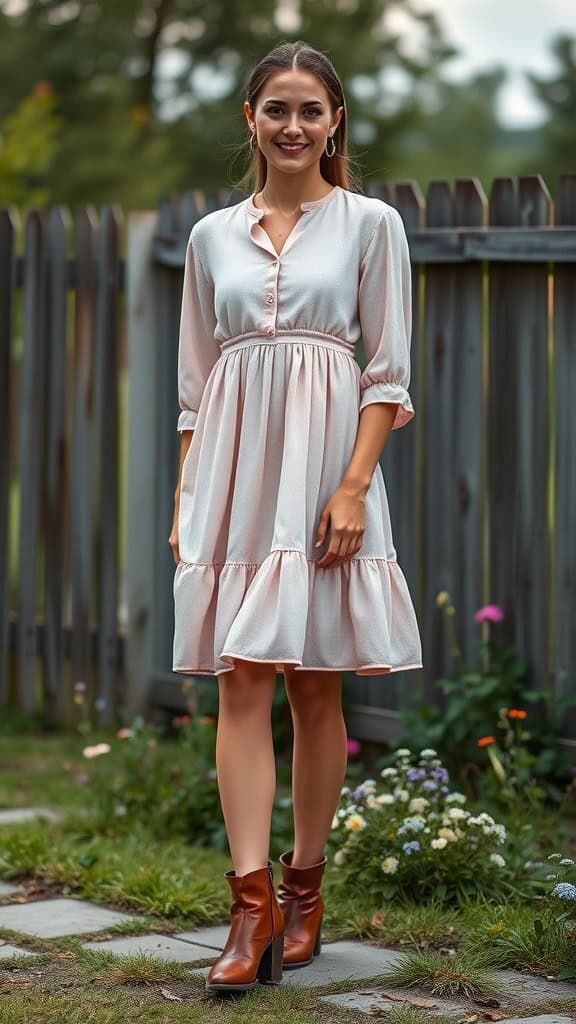 A woman wearing a tiered prairie dress and leather ankle boots, standing in a garden