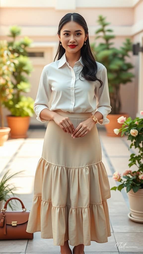 A woman wearing a tiered beige skirt and a white button-up shirt, standing in a garden setting.