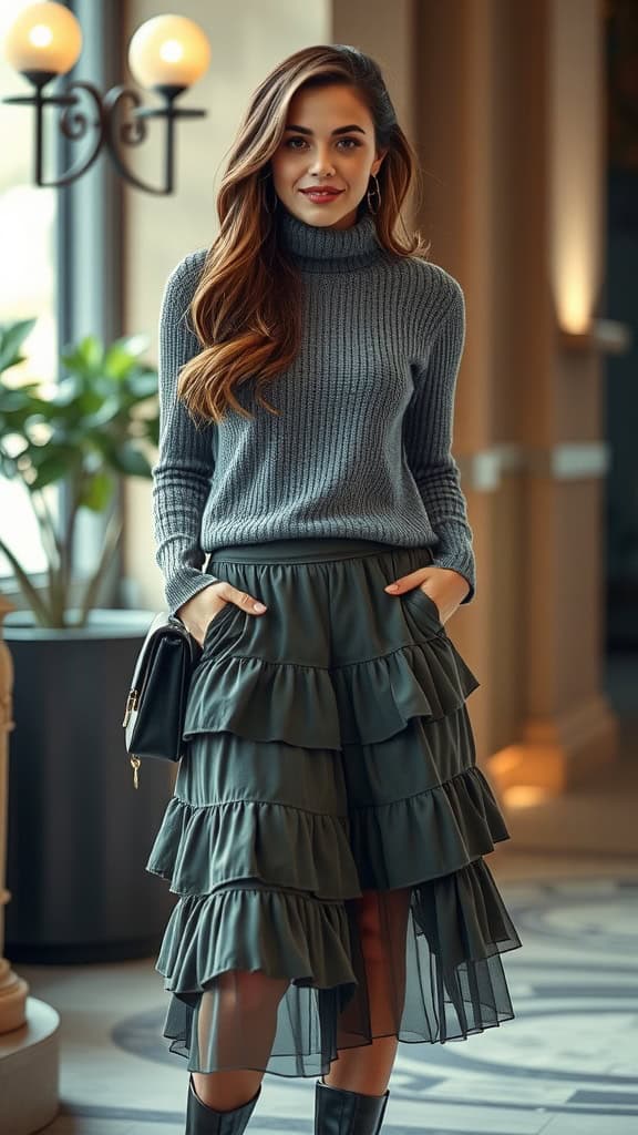 A mannequin displaying a tiered skirt and a fitted sweater in a stylish boutique.