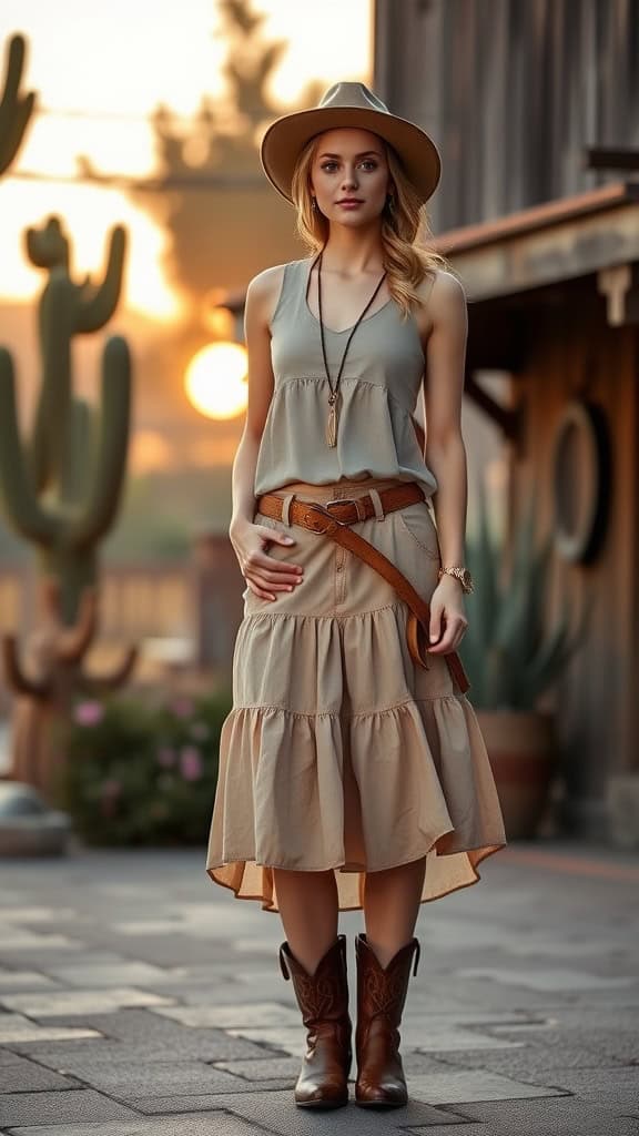 A woman wearing a flowy tiered skirt and neutral top, complemented by cowboy boots, standing in a rustic outdoor setting at sunset.