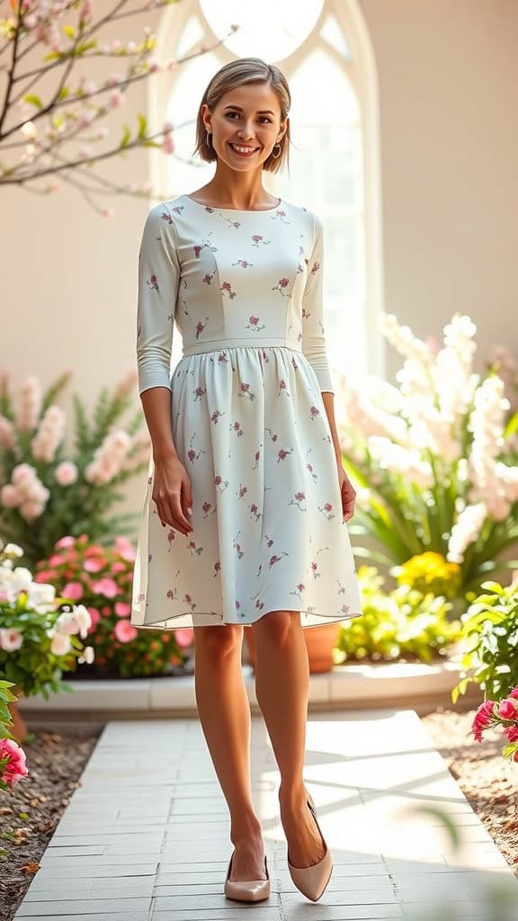 A smiling woman wearing a knee-length A-line dress with floral prints, standing in a bright space filled with flowers.