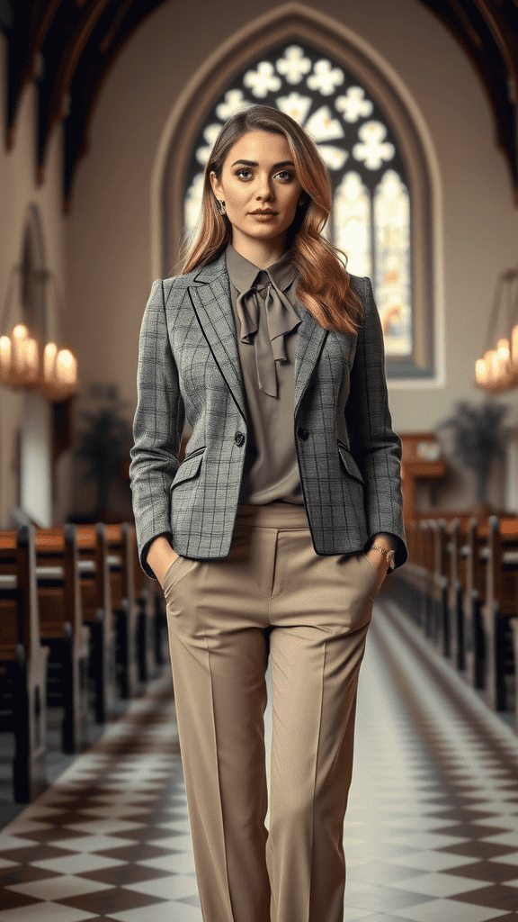 A woman wearing a tweed blazer and trousers in a church setting.