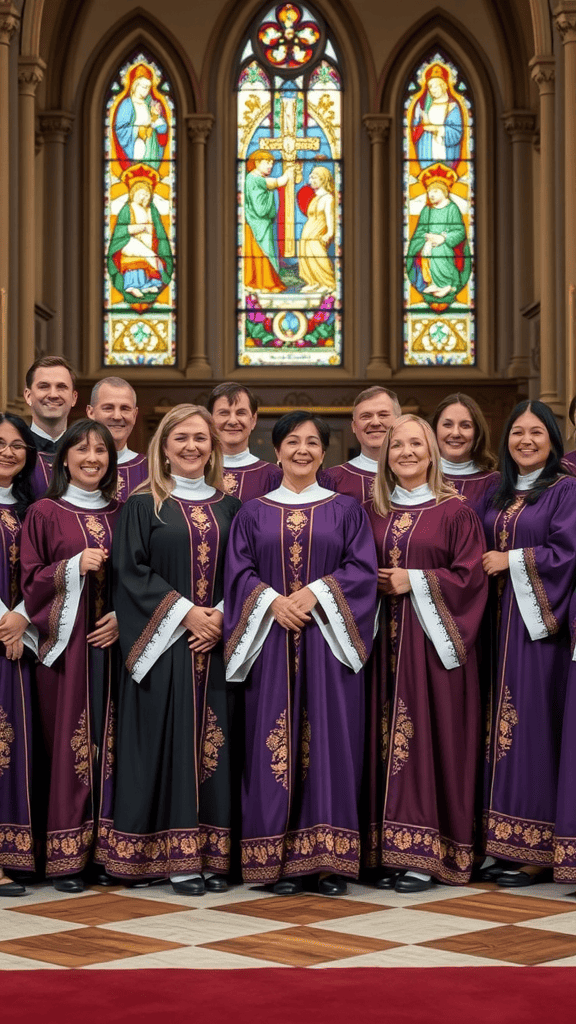 A selection of choir robes displayed on a rack with choir members in the background, inside a church.