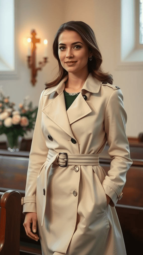 A belted trench coat over a tailored dress displayed on a mannequin in a floral setting.