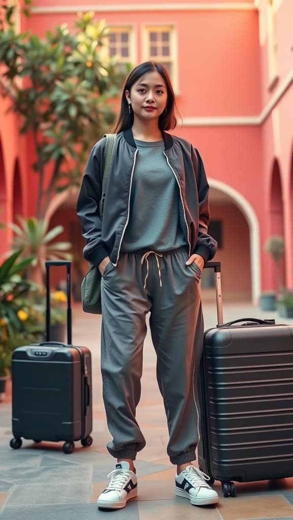 A woman in a bomber jacket, loose tee, and drawstring pants, standing with luggage in a travel setting.