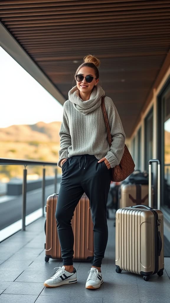 A woman wearing a lightweight sweater and stretchy joggers stands outside with luggage, ready for her honeymoon.