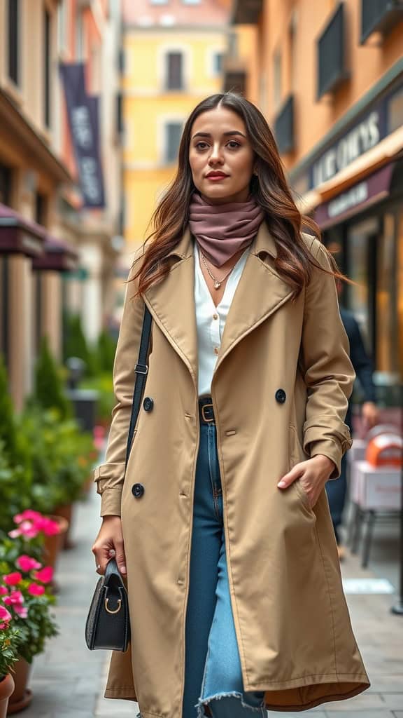 A woman wearing a beige trench coat, white shirt, and jeans in a city alley with colorful buildings.