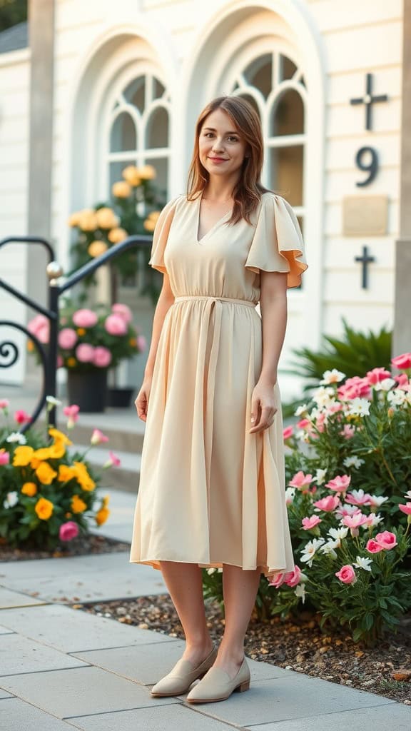 A woman wearing a flowy midi dress with puff sleeves and neutral mules, standing in front of a church surrounded by flowers.