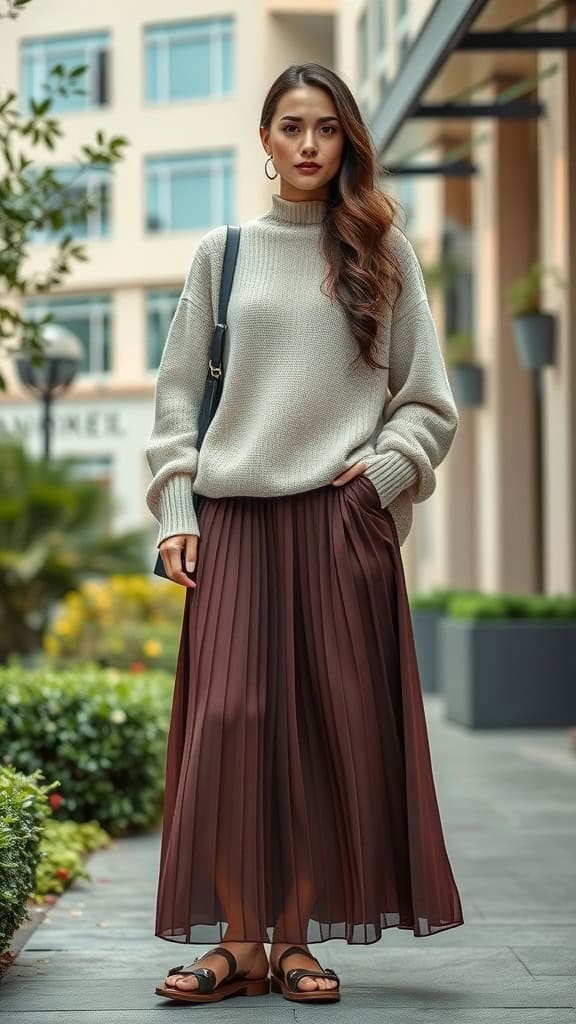 A woman wearing a cream oversized sweater and a pleated burgundy maxi skirt, standing outdoors.