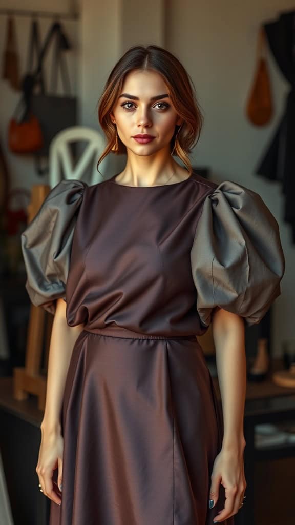 A stylish puff-sleeved dress displayed on a mannequin in a boutique