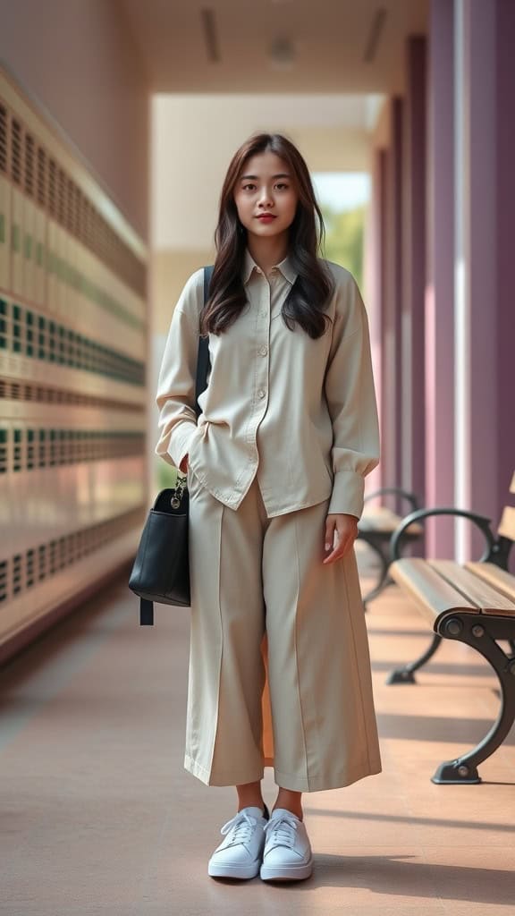 A student wearing a beige oversized blouse, culottes, and platform sneakers in a school hallway.