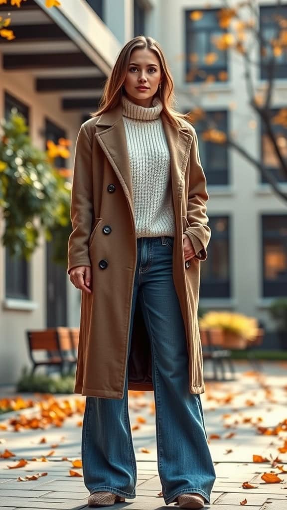 A woman wearing a cozy sweater, longline coat, and wide-leg jeans, surrounded by autumn leaves.