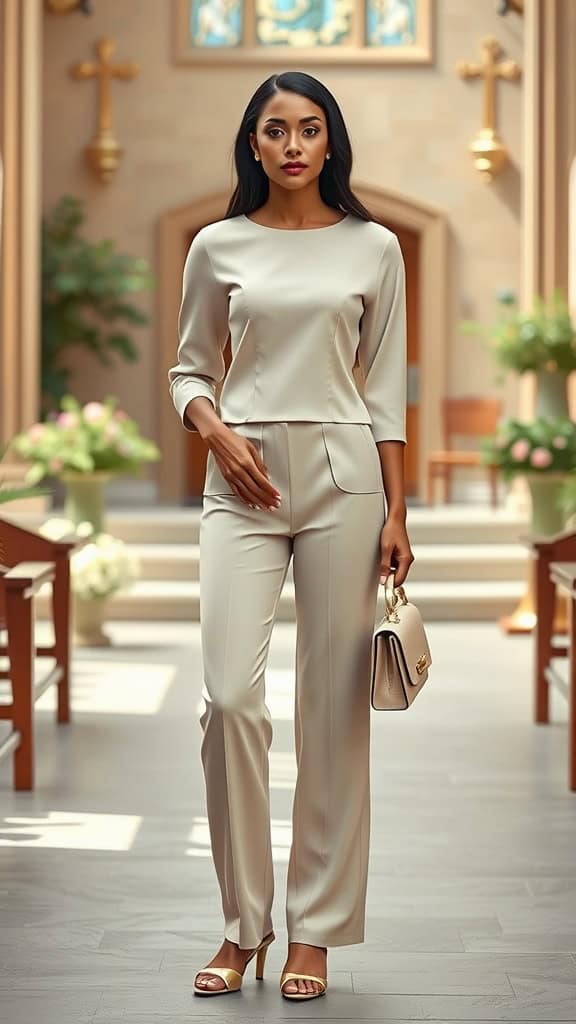 Model wearing a stylish matching top and pants in a church setting