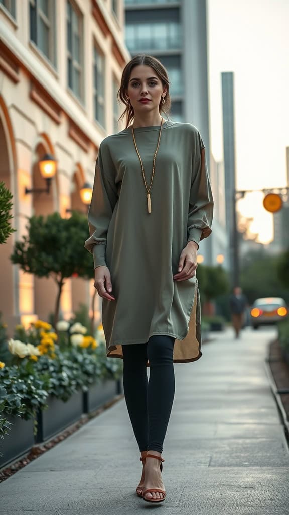 Woman in a green tunic and black leggings walking on a city street with a long necklace