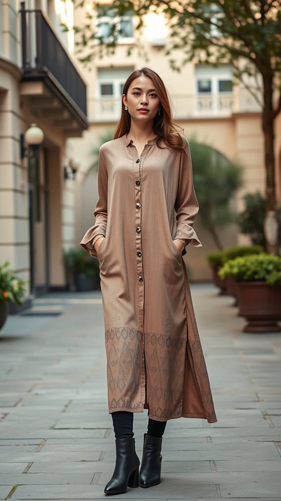 A young woman wearing a long beige tunic over black leggings and ankle boots, standing in an outdoor setting.