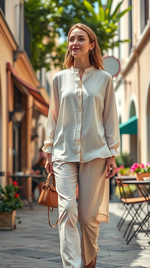 A woman walking in a light tunic top and slim-fit trousers in a European street setting.