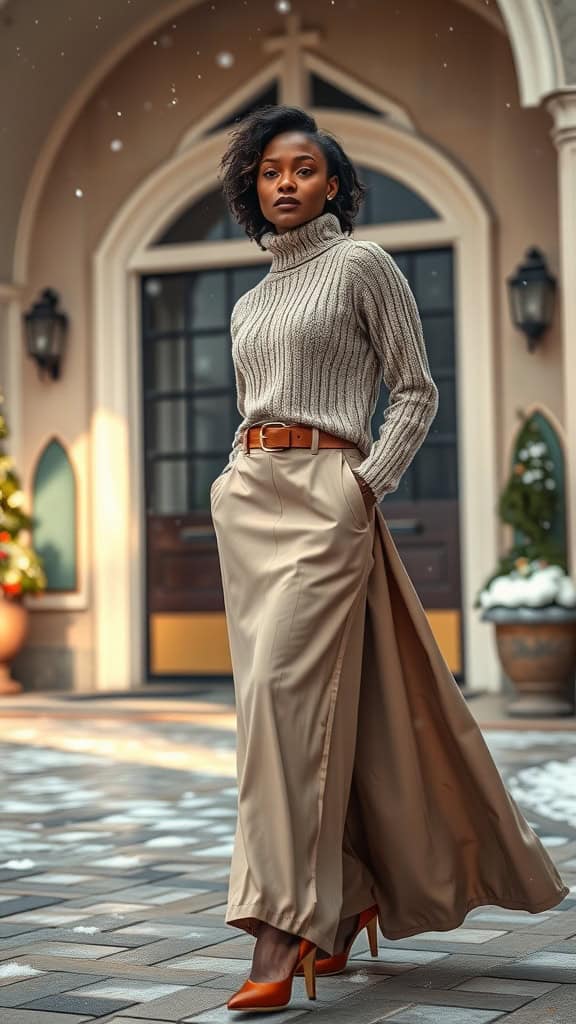 A model wearing a cozy turtleneck and a flowing maxi skirt, standing confidently outdoors.