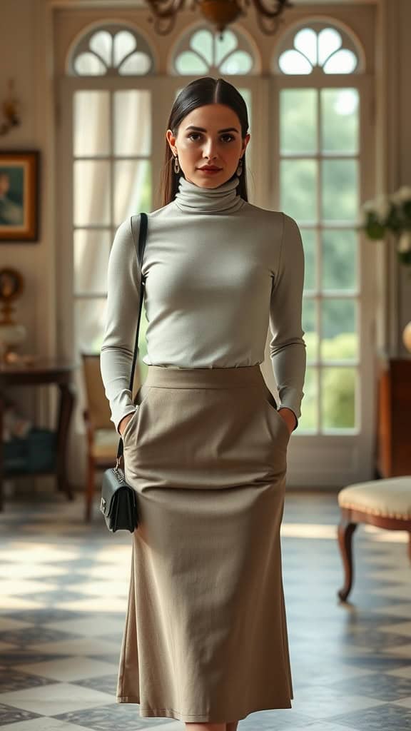 A woman wearing a fitted turtleneck and a midi-length skirt, exuding a modest old money look.