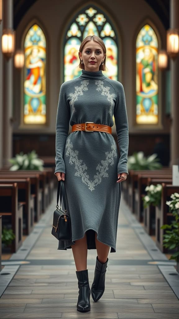 A woman in a gray turtleneck dress with a wide belt and ankle boots, standing inside a church with stained glass windows.