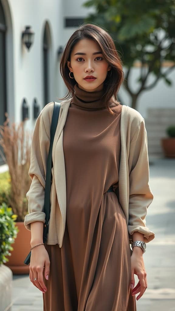 A woman wearing a brown turtleneck under a brown slip dress, styled with minimal accessories in an outdoor setting.