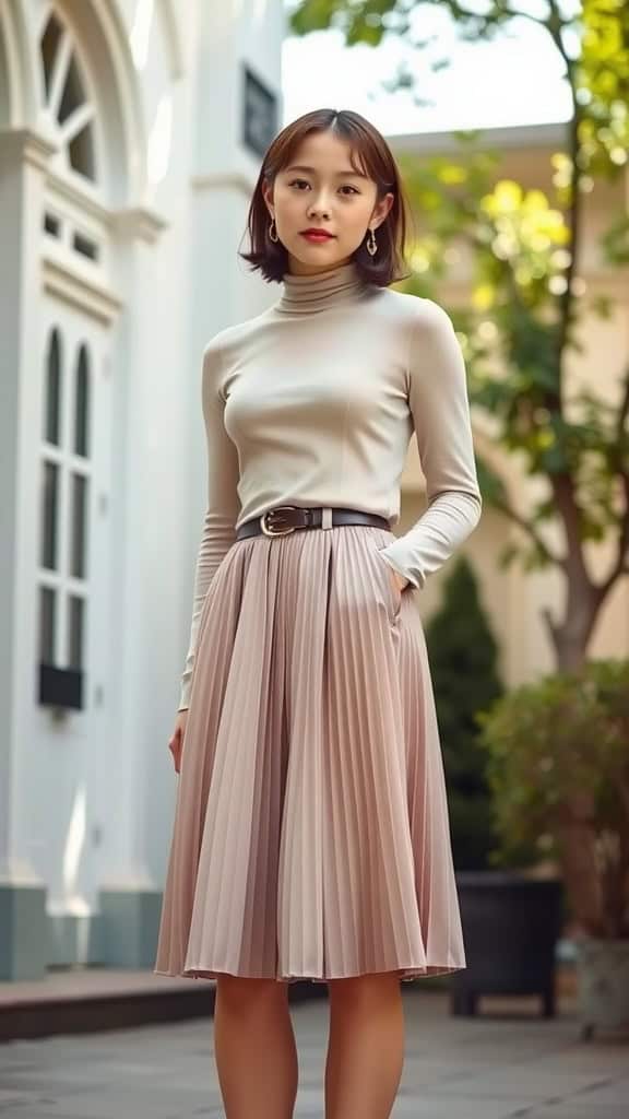 A teenage girl wearing a beige turtleneck top with a pleated skirt, posing outdoors.