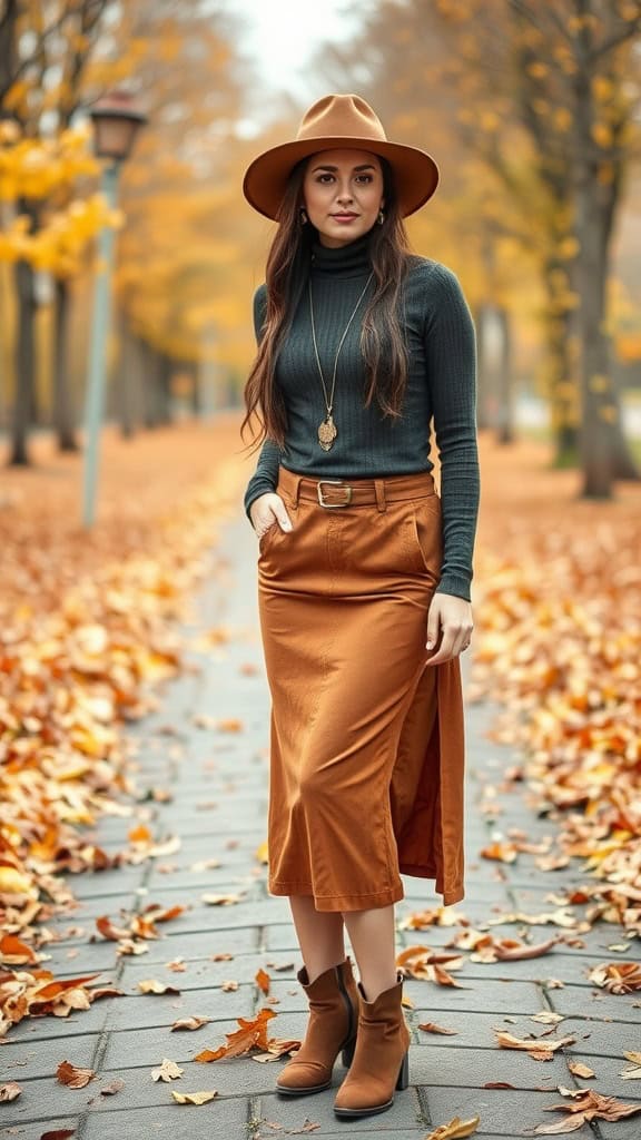 A woman in a turtleneck top and a suede midi skirt, wearing a hat, with autumn leaves in the background.