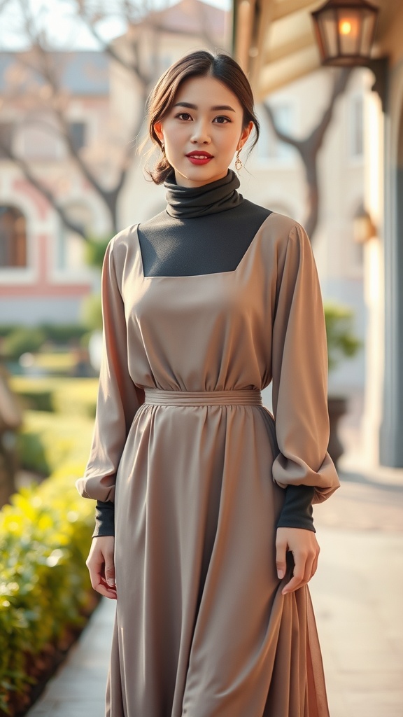 A woman wearing a turtleneck top layered under a sleek slip dress in a stylish outdoor setting.