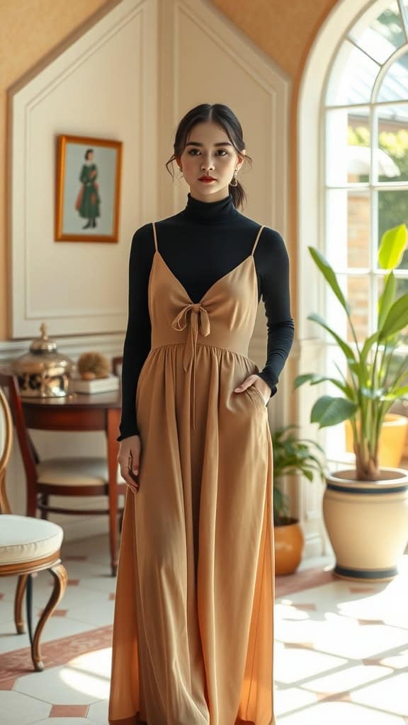 A model wearing a beige slip dress over a black turtleneck, standing in a stylish interior.