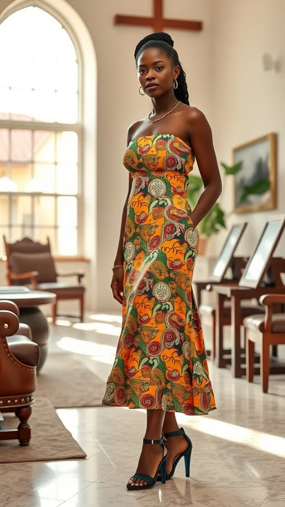 A black woman wearing a colorful two-piece matching skirt set in a church setting.