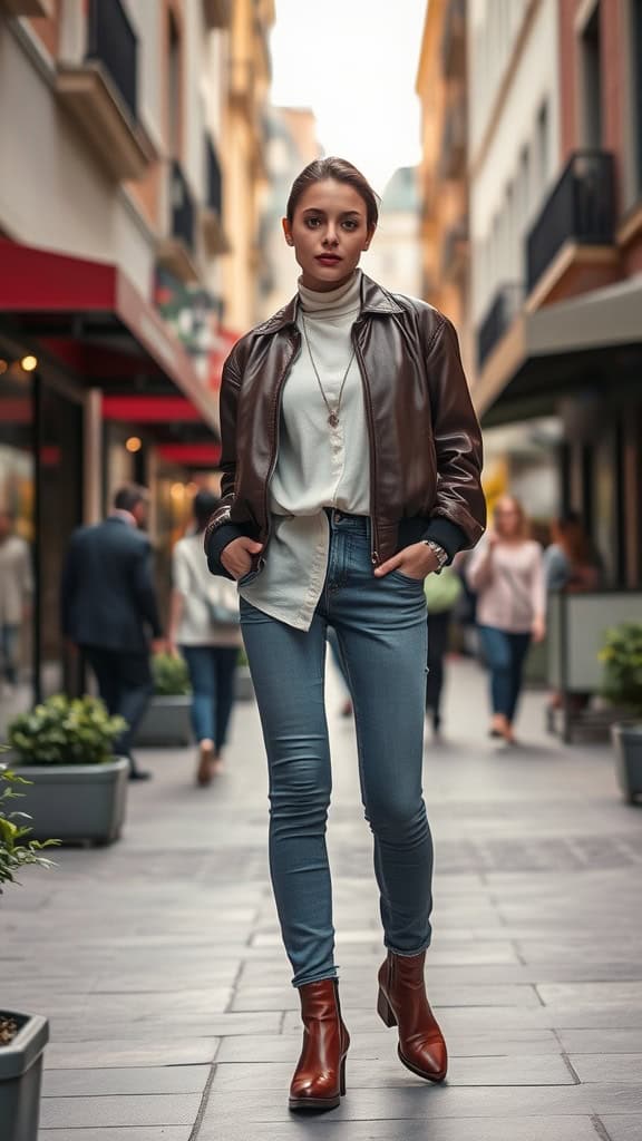 A stylish woman in a leather bomber jacket and slim jeans walking confidently in an urban setting.