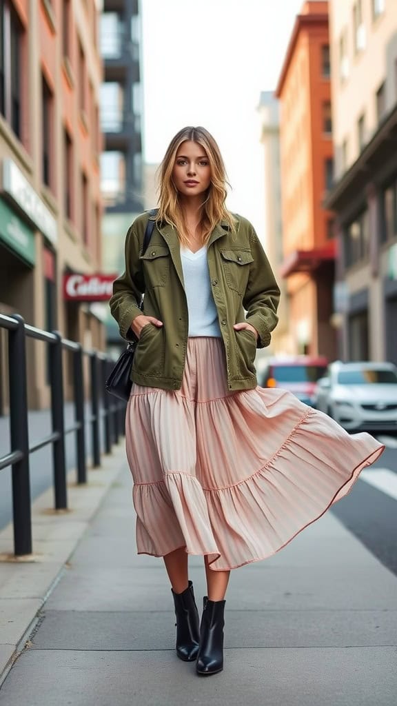 A woman in a utility jacket and midi skirt, showcasing a casual chic outfit.