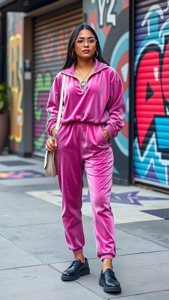 A woman in an orange velour tracksuit with a matching hoodie and light scarf, standing in a vibrant urban space.