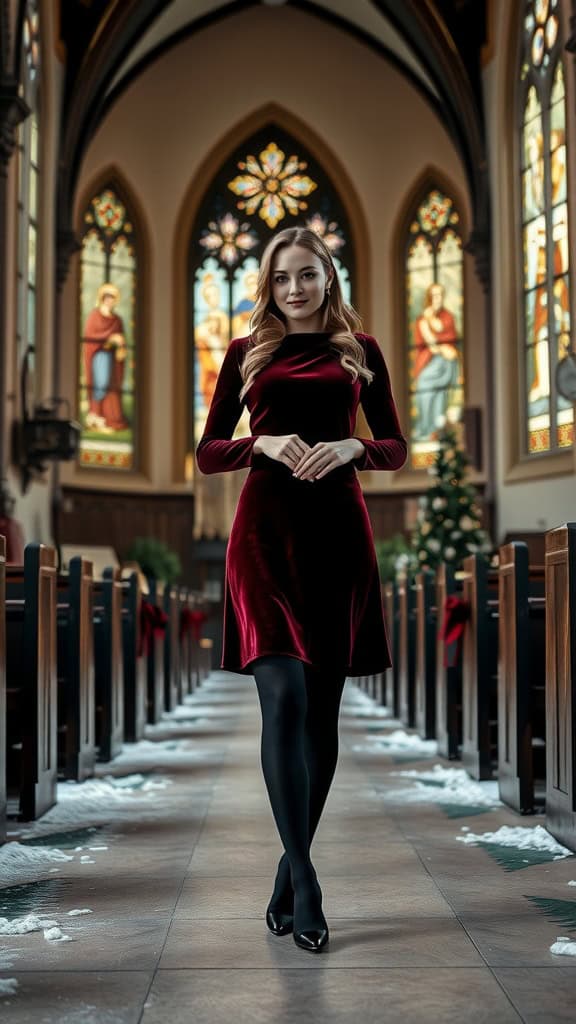 A woman in a long-sleeve velvet dress, holding a Bible, standing in a church with stained glass windows.